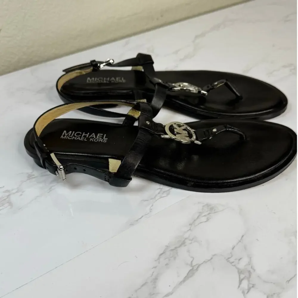 Michael Kors Sondra‎ Thong Sandals Black Leather Sandal Silver Accent Size 7
